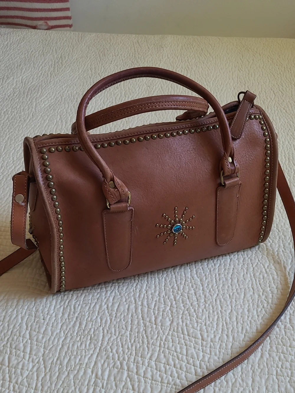 Coach Tan Leather Satchel with Turquoise Sunburst Accent - Picture 3 of 16
